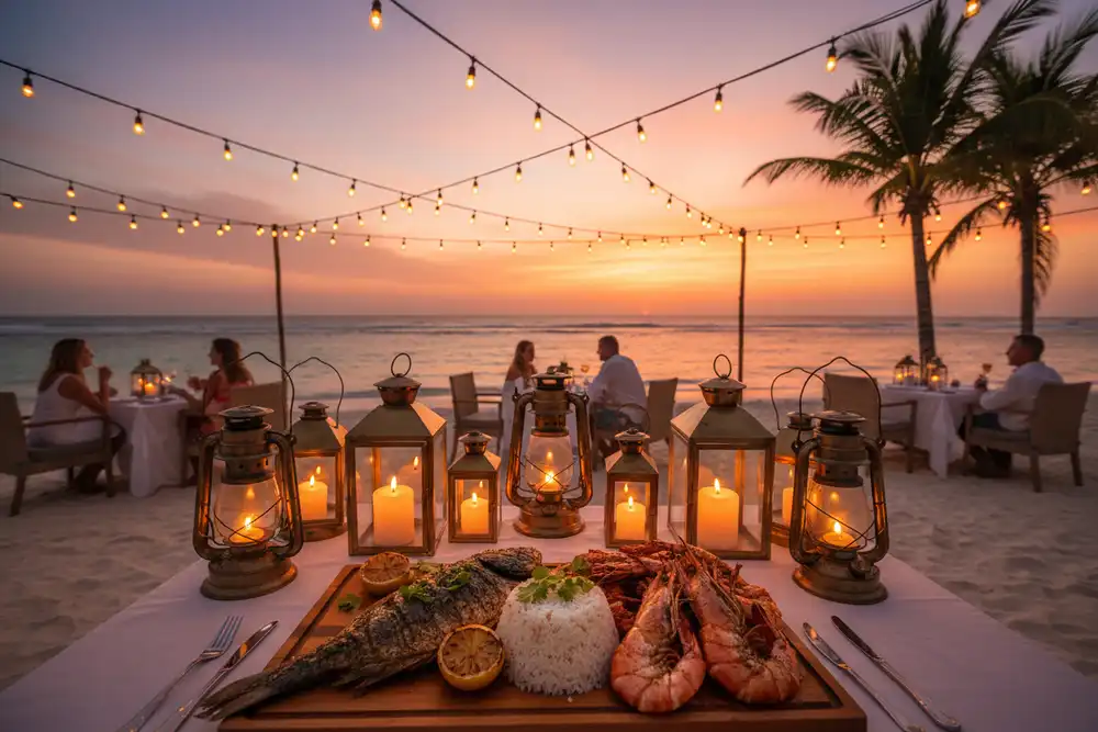 Beachside dining at sunset with tables on the sand and lantern lighting