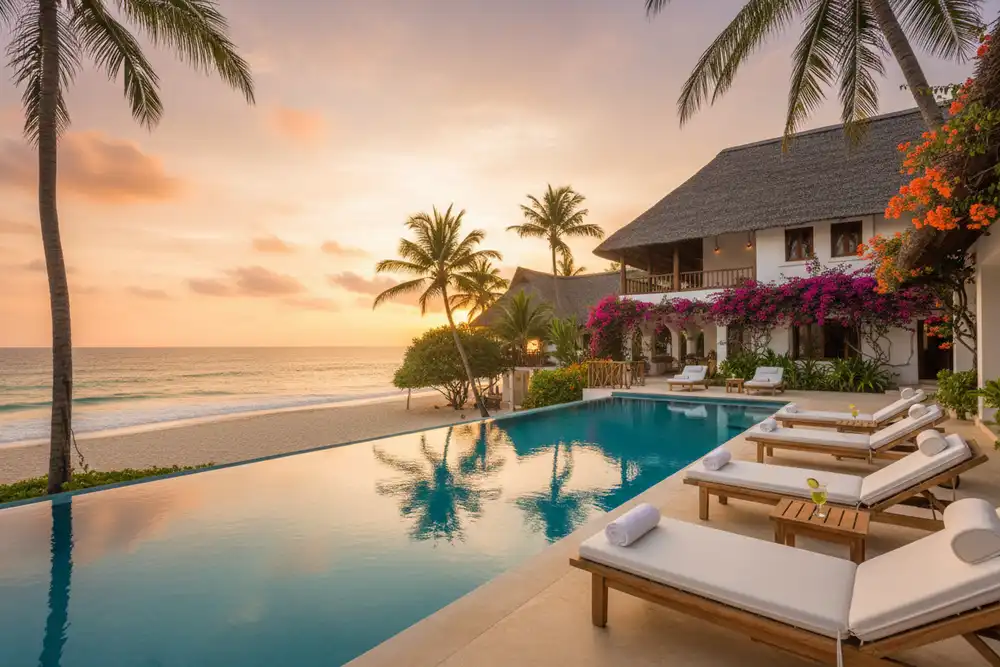 Beachfront resort pool overlooking Diani Beach at sunset