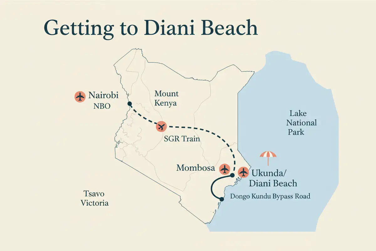 Map of Kenya showing airports, SGR train route, and roads to Diani Beach