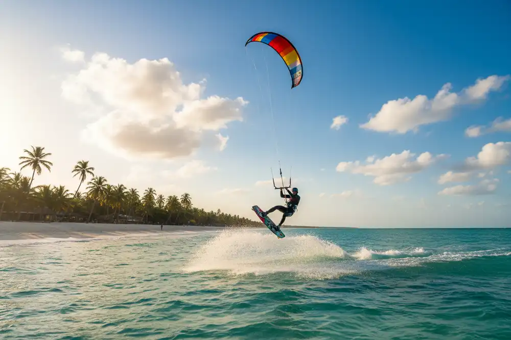 Kite surfer riding waves at Diani Beach with blue sky and palm trees