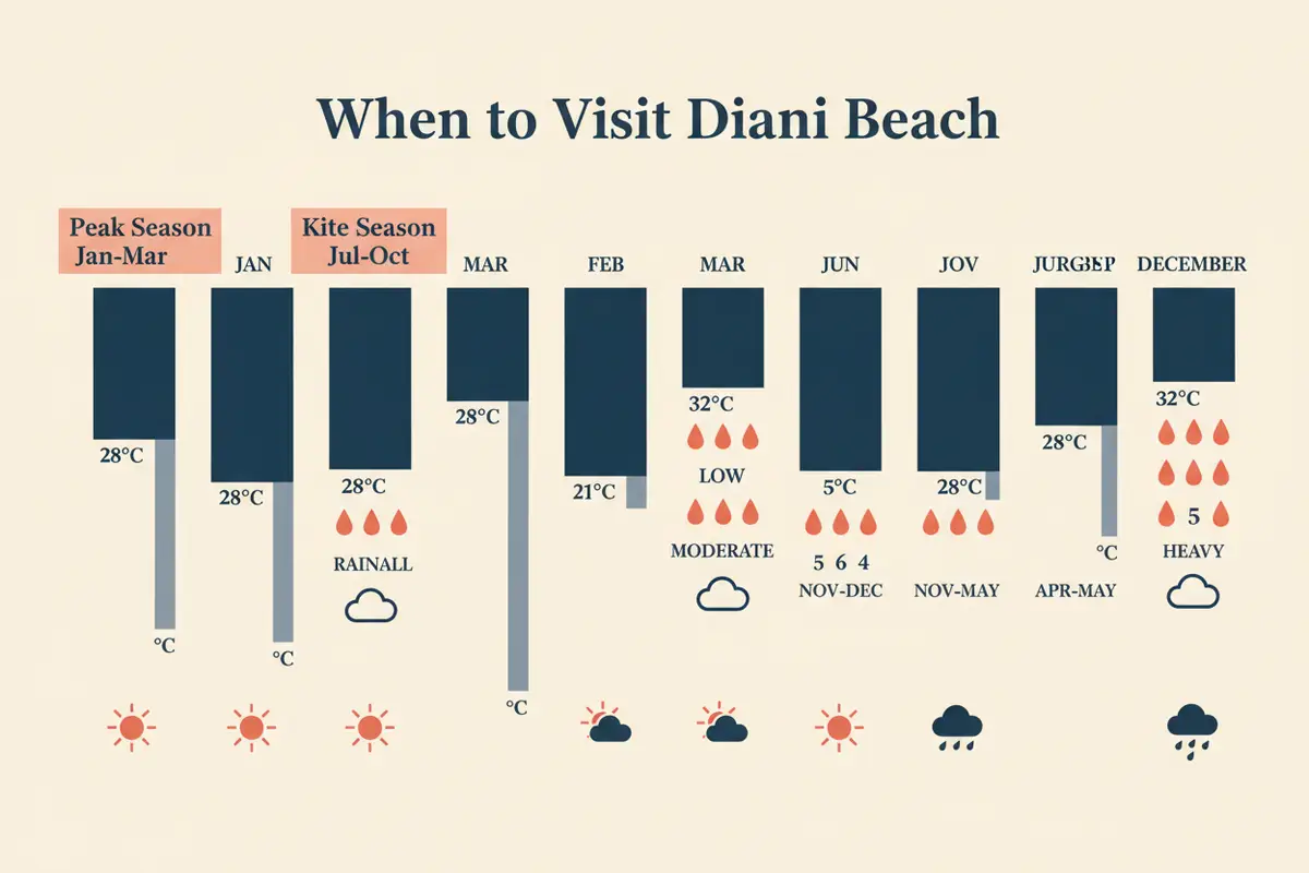 Diani Beach weather chart showing temperature, rainfall, and wind patterns by month